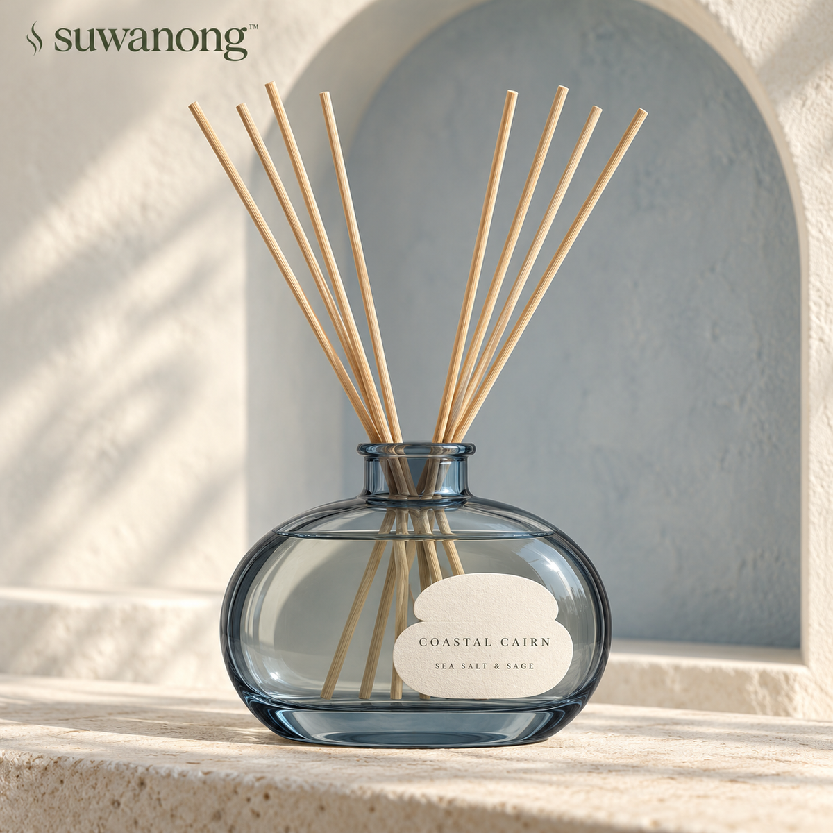 suwanong™ Coastal Cairn Sea Salt & Sage Reed Diffuser Set, Blue-Gray Glass Home Fragrance with 8 Reeds, 6.76 fl oz