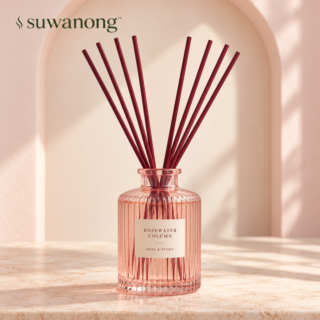 suwanong™ Rosewater Column Rose & Peony Reed Diffuser Set, Blush Ribbed Glass Bottle with 8 Reeds, 5.07 fl oz