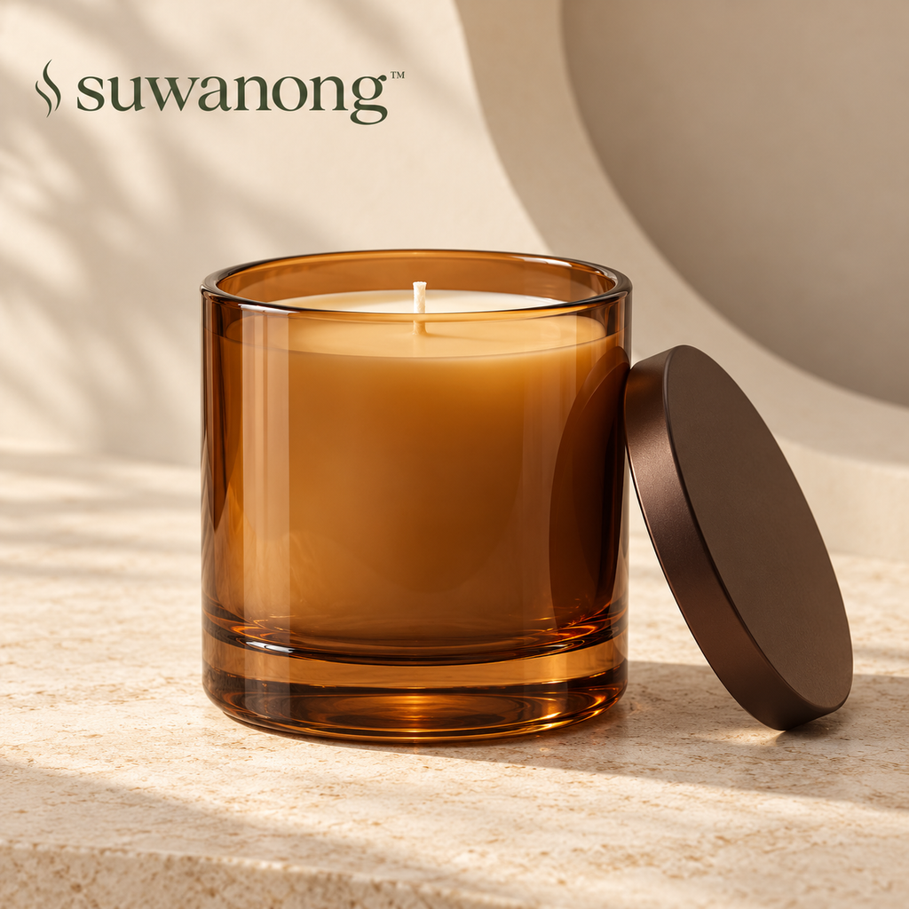 suwanong™ Amber Alcove Sandalwood & Amber Scented Candle, Soy Wax Blend, Smoked Amber Glass Jar with Lid, 10 oz