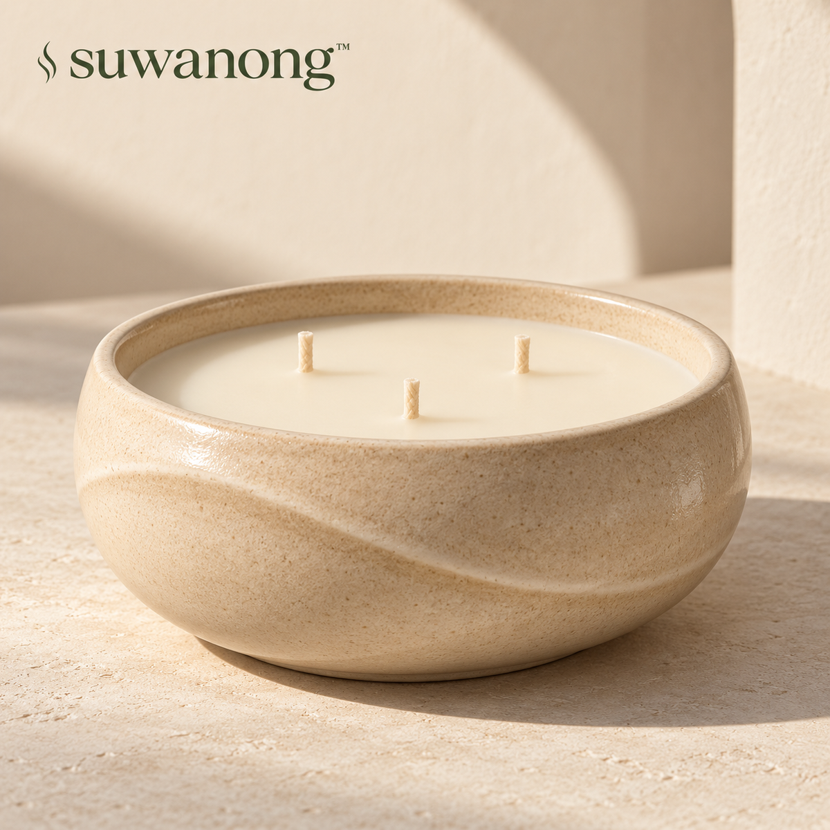 suwanong™ Dune Halo Vanilla Bean & Tonka Scented Candle, Three-Wick Soy Wax Blend, Sand Ceramic Bowl, 14 oz