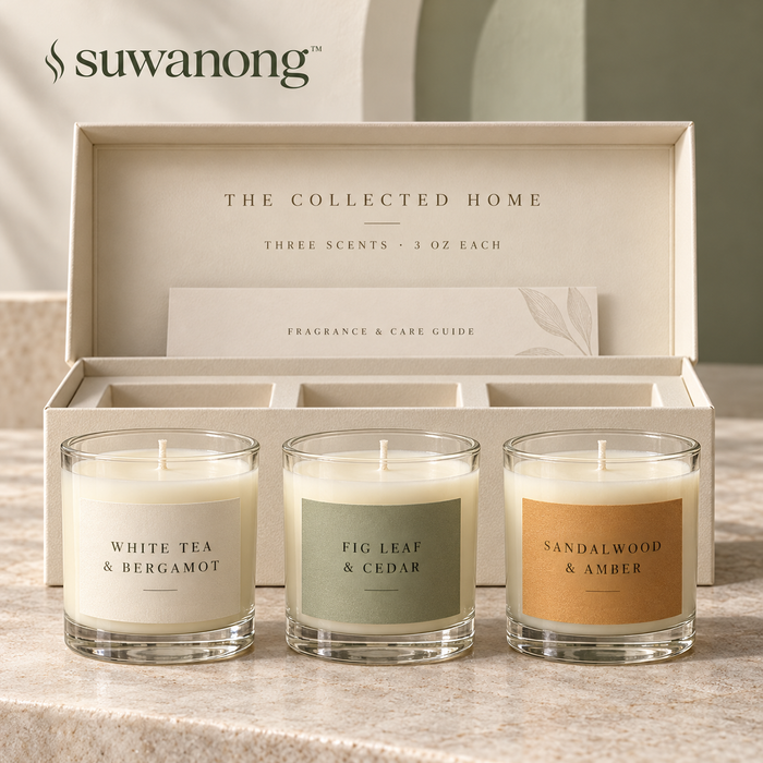 suwanong™ The Collected Home Scented Candle Gift Set, White Tea, Fig Leaf & Sandalwood, 3 Mini Soy Wax Blend Candles, 3 oz Each
