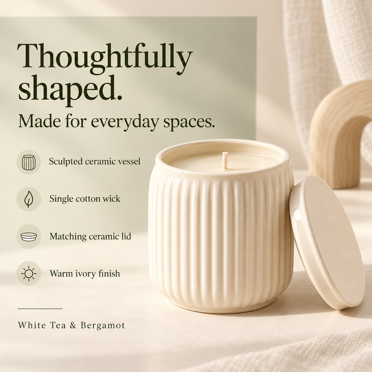 suwanong™ Ivory Fold White Tea & Bergamot Scented Candle, Soy Wax Blend, Ribbed Ceramic Jar with Lid, 8 oz