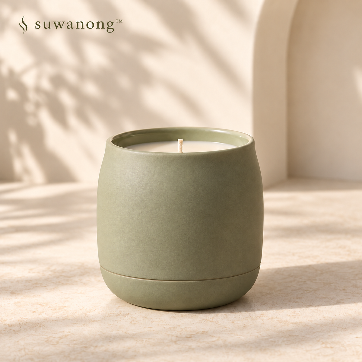 suwanong™ Sage Terrace Fig Leaf & Cedar Scented Candle, Soy Wax Blend, Matte Sage Ceramic Jar, 8 oz