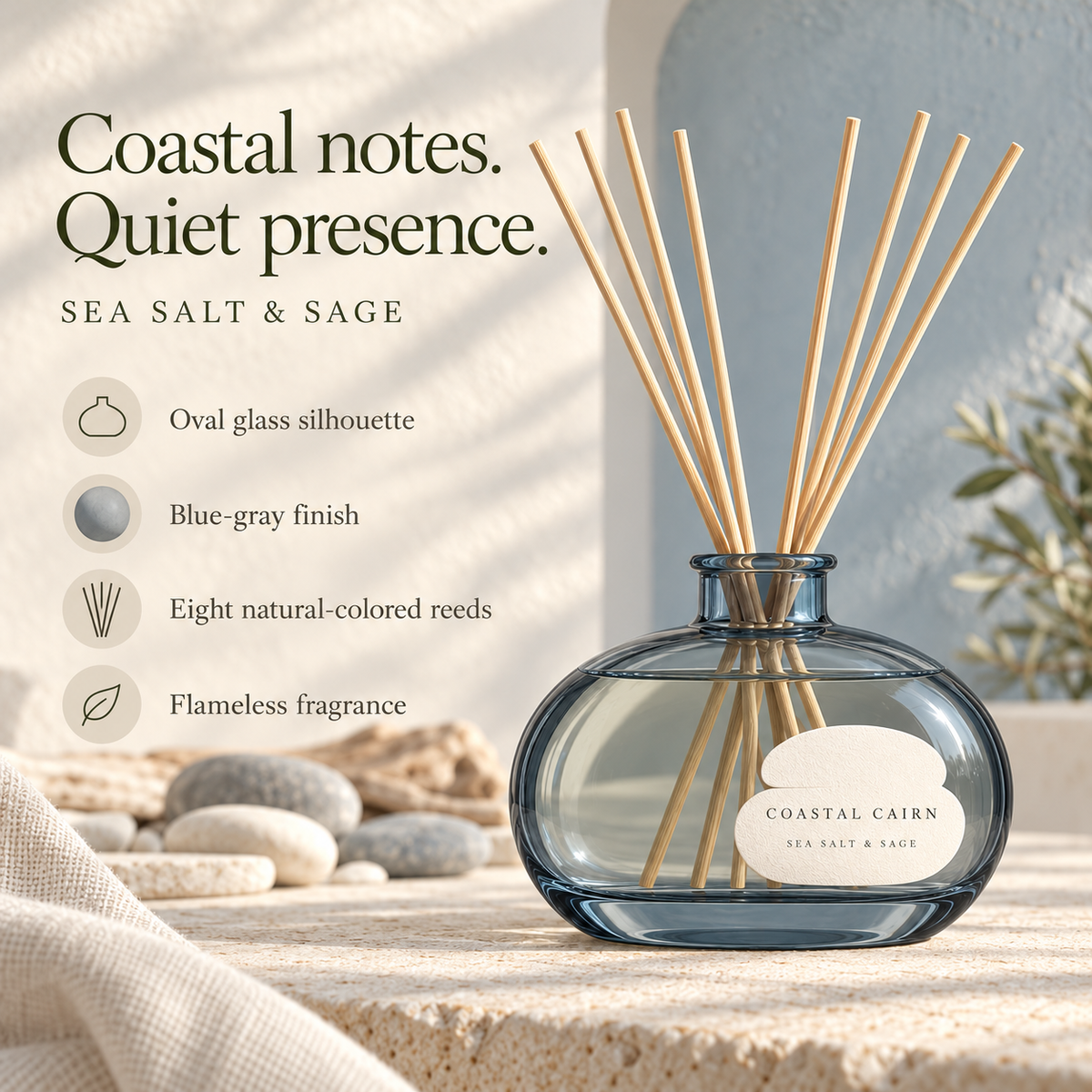 suwanong™ Coastal Cairn Sea Salt & Sage Reed Diffuser Set, Blue-Gray Glass Home Fragrance with 8 Reeds, 6.76 fl oz