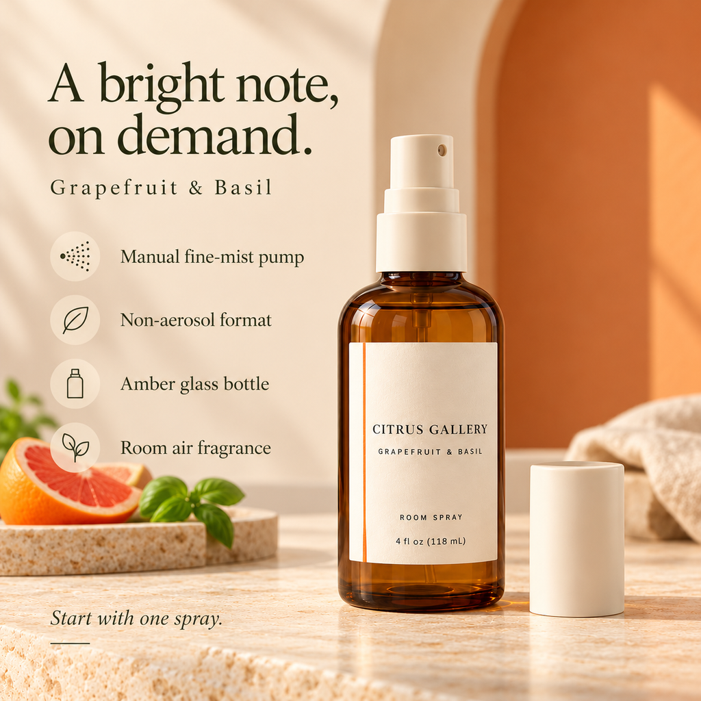 suwanong™ Citrus Gallery Grapefruit & Basil Room Spray, Non-Aerosol Home Fragrance Mist, Amber Glass Bottle, 4 fl oz
