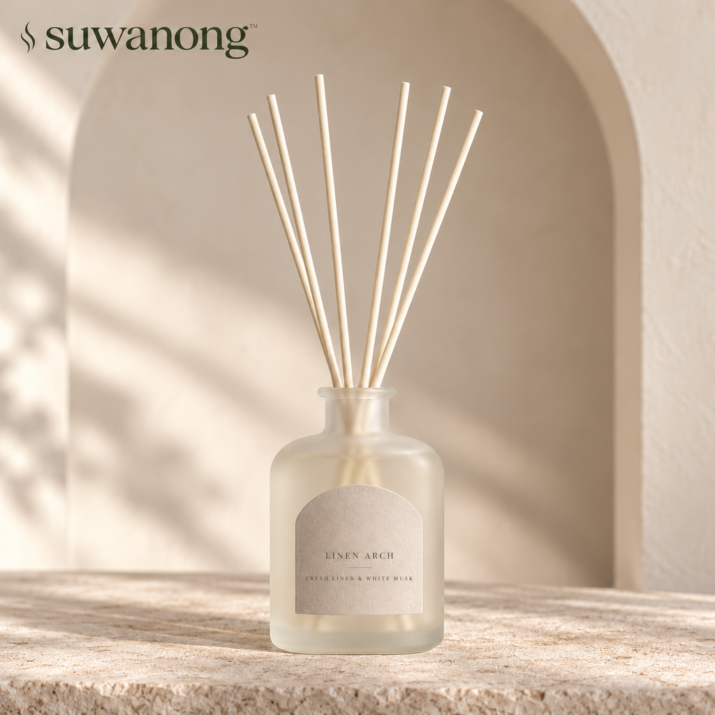 suwanong™ Linen Arch Fresh Linen & White Musk Reed Diffuser Set, Frosted Glass Home Fragrance with 6 Reeds, 3.38 fl oz