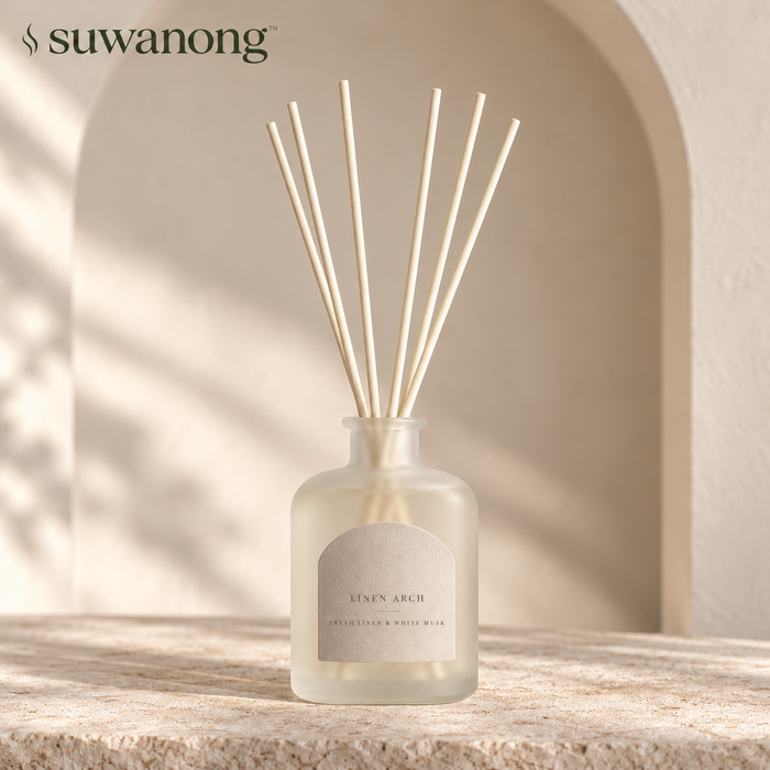 suwanong™ Linen Arch Fresh Linen & White Musk Reed Diffuser Set, Frosted Glass Home Fragrance with 6 Reeds, 3.38 fl oz