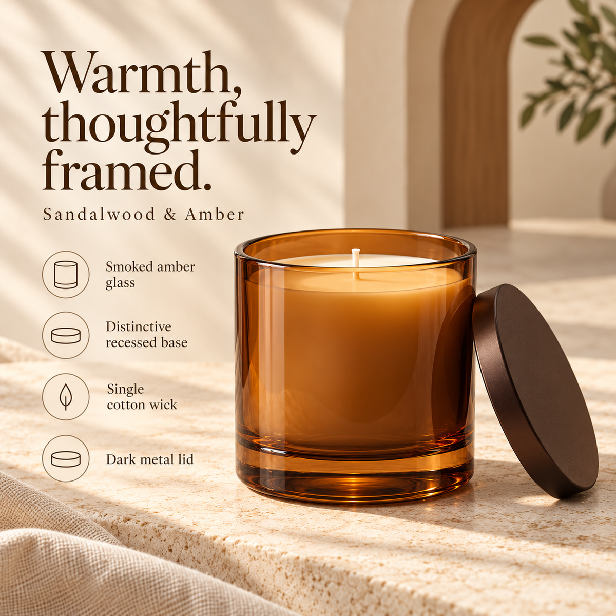 suwanong™ Amber Alcove Sandalwood & Amber Scented Candle, Soy Wax Blend, Smoked Amber Glass Jar with Lid, 10 oz