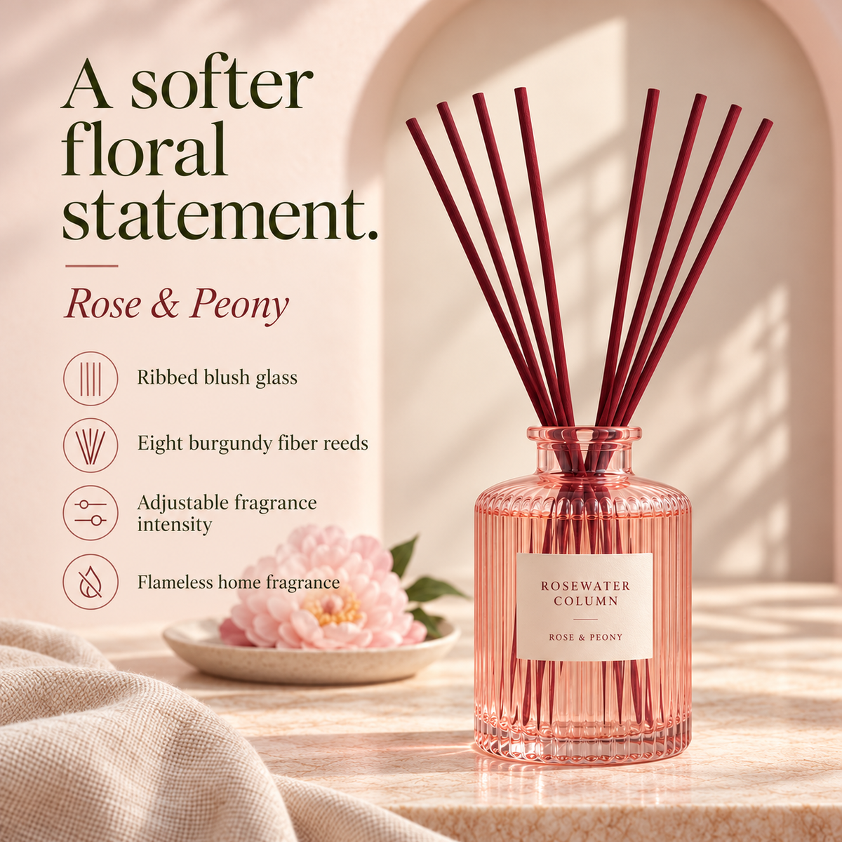 suwanong™ Rosewater Column Rose & Peony Reed Diffuser Set, Blush Ribbed Glass Bottle with 8 Reeds, 5.07 fl oz