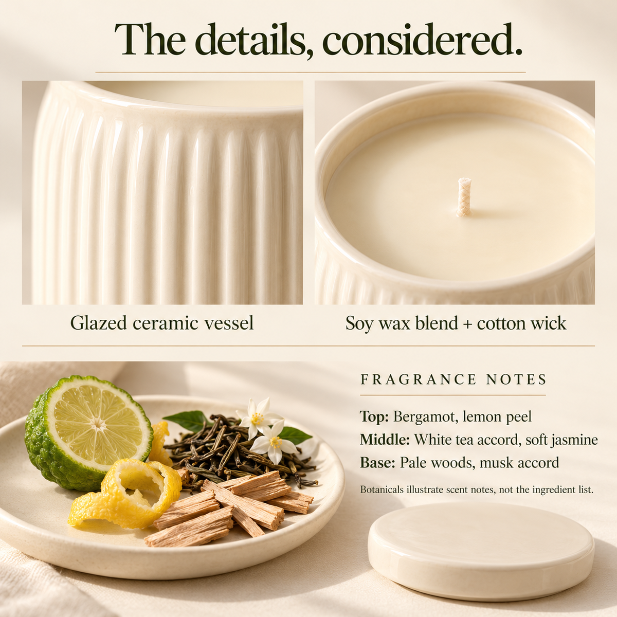 suwanong™ Ivory Fold White Tea & Bergamot Scented Candle, Soy Wax Blend, Ribbed Ceramic Jar with Lid, 8 oz