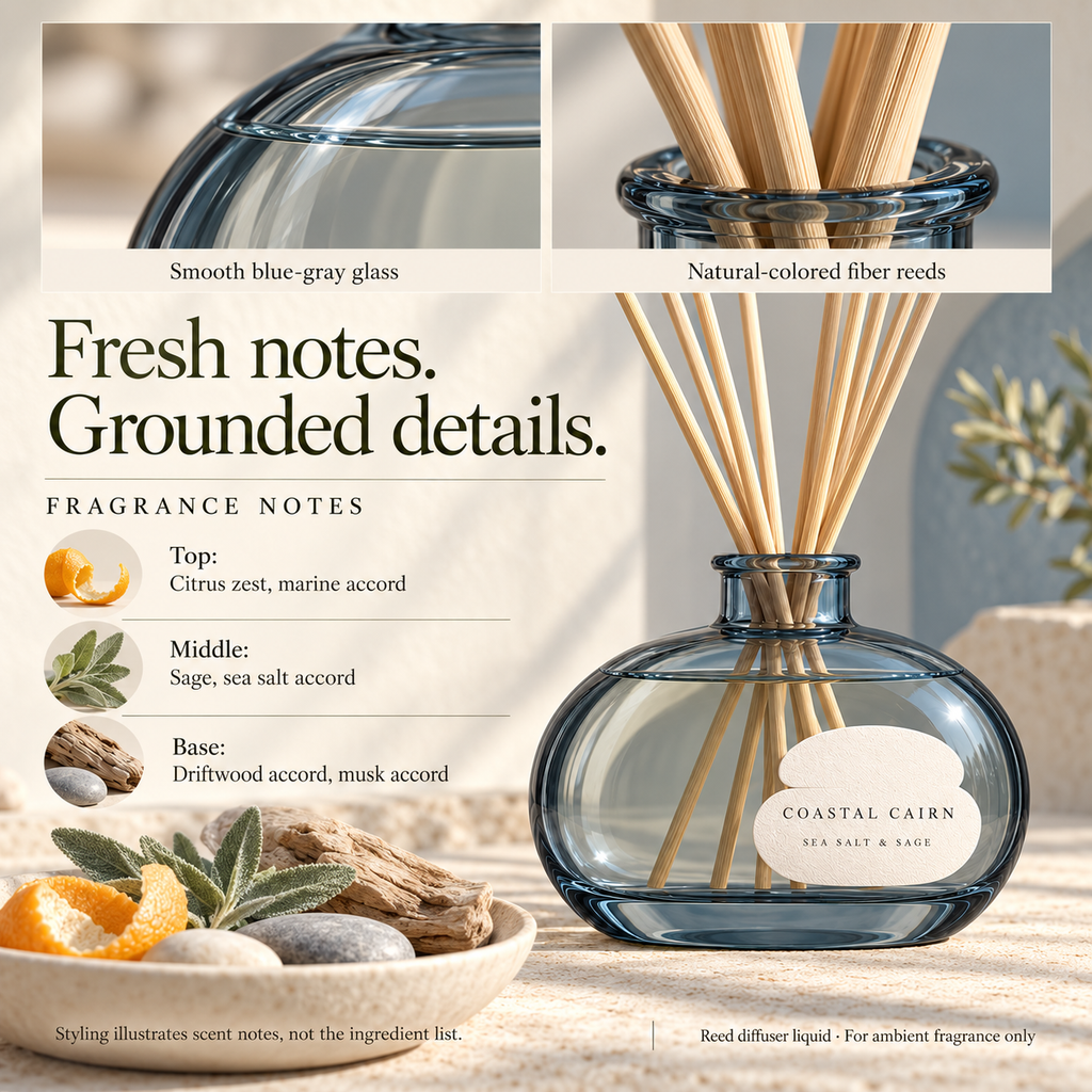 suwanong™ Coastal Cairn Sea Salt & Sage Reed Diffuser Set, Blue-Gray Glass Home Fragrance with 8 Reeds, 6.76 fl oz