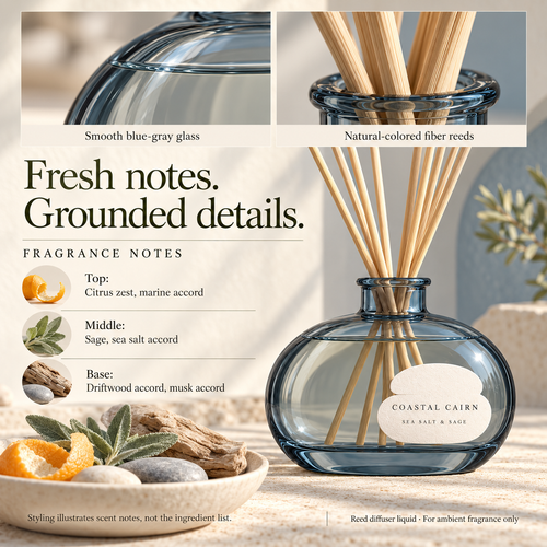suwanong™ Coastal Cairn Sea Salt & Sage Reed Diffuser Set, Blue-Gray Glass Home Fragrance with 8 Reeds, 6.76 fl oz