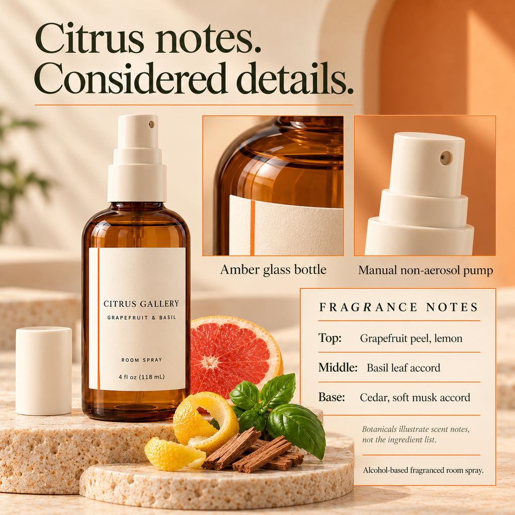 suwanong™ Citrus Gallery Grapefruit & Basil Room Spray, Non-Aerosol Home Fragrance Mist, Amber Glass Bottle, 4 fl oz