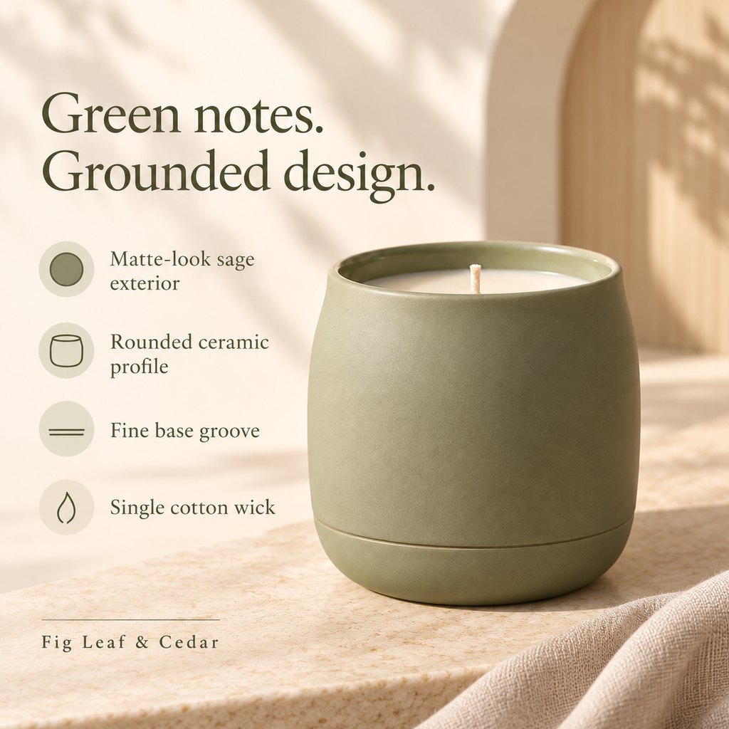suwanong™ Sage Terrace Fig Leaf & Cedar Scented Candle, Soy Wax Blend, Matte Sage Ceramic Jar, 8 oz