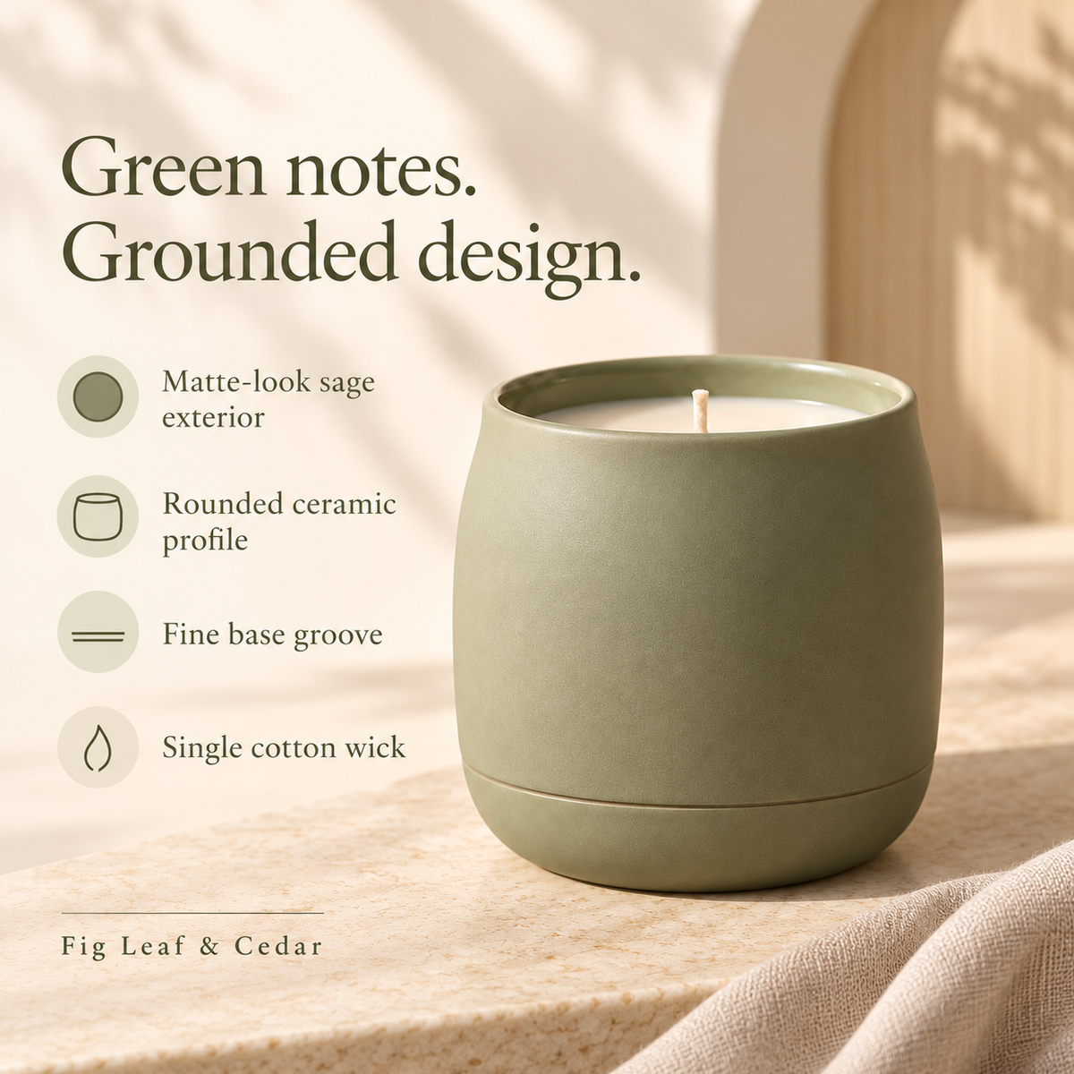 suwanong™ Sage Terrace Fig Leaf & Cedar Scented Candle, Soy Wax Blend, Matte Sage Ceramic Jar, 8 oz