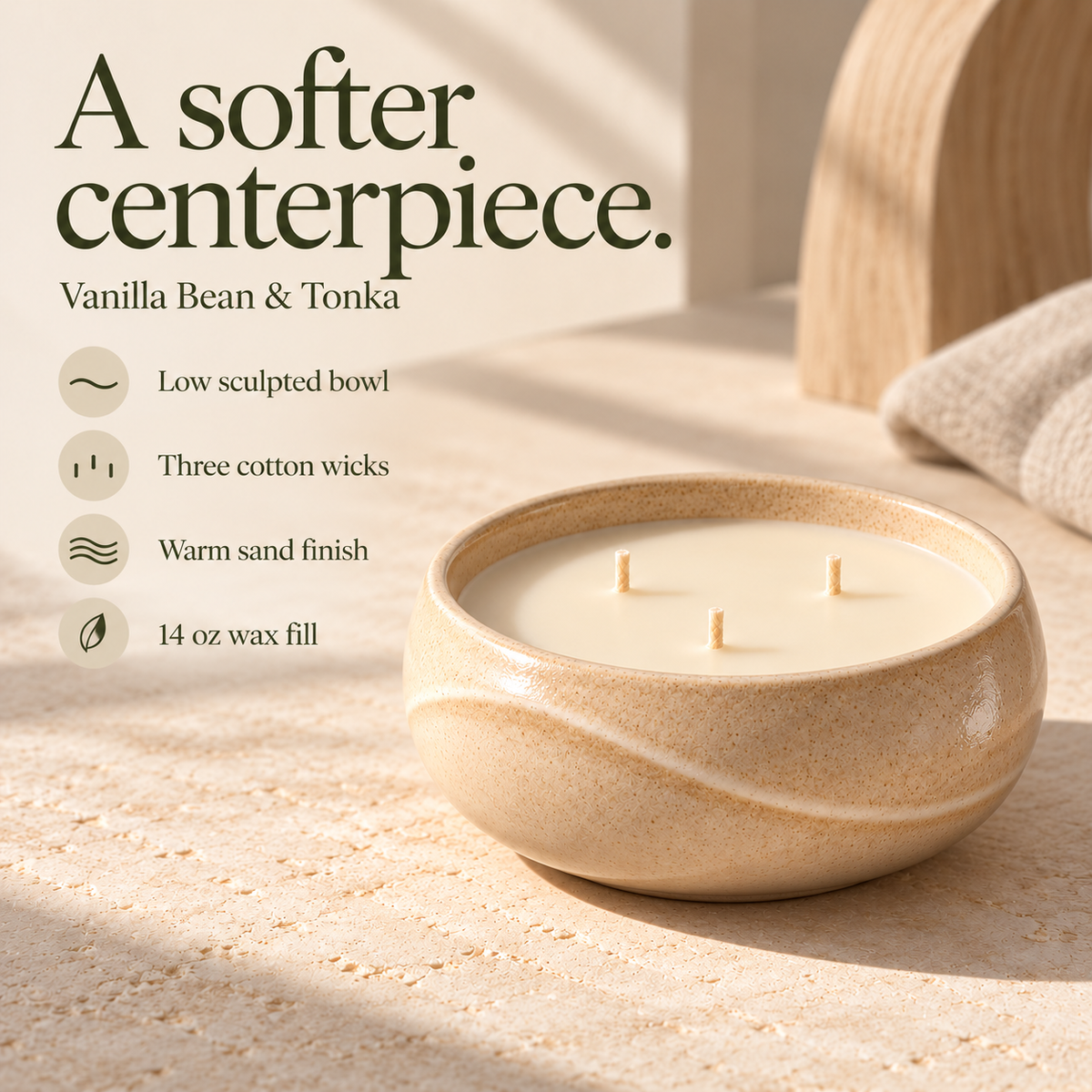 suwanong™ Dune Halo Vanilla Bean & Tonka Scented Candle, Three-Wick Soy Wax Blend, Sand Ceramic Bowl, 14 oz