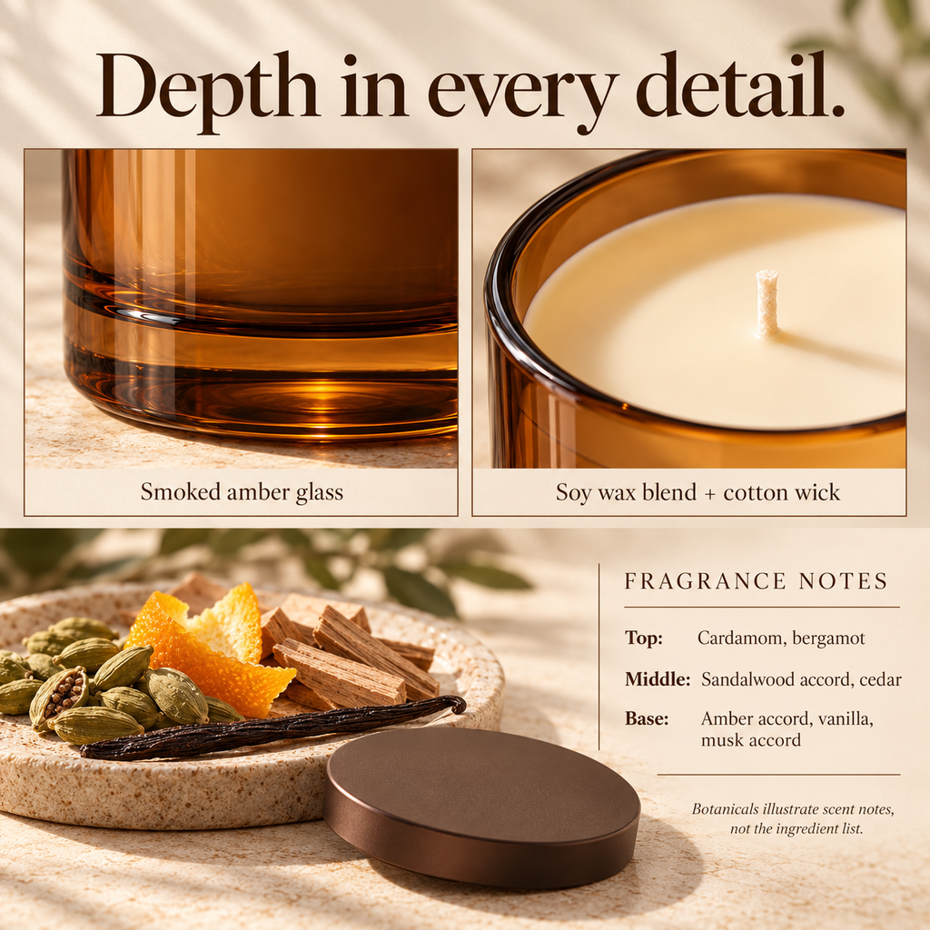 suwanong™ Amber Alcove Sandalwood & Amber Scented Candle, Soy Wax Blend, Smoked Amber Glass Jar with Lid, 10 oz