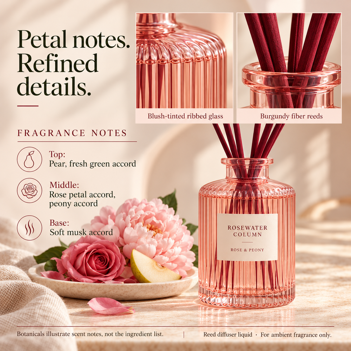 suwanong™ Rosewater Column Rose & Peony Reed Diffuser Set, Blush Ribbed Glass Bottle with 8 Reeds, 5.07 fl oz