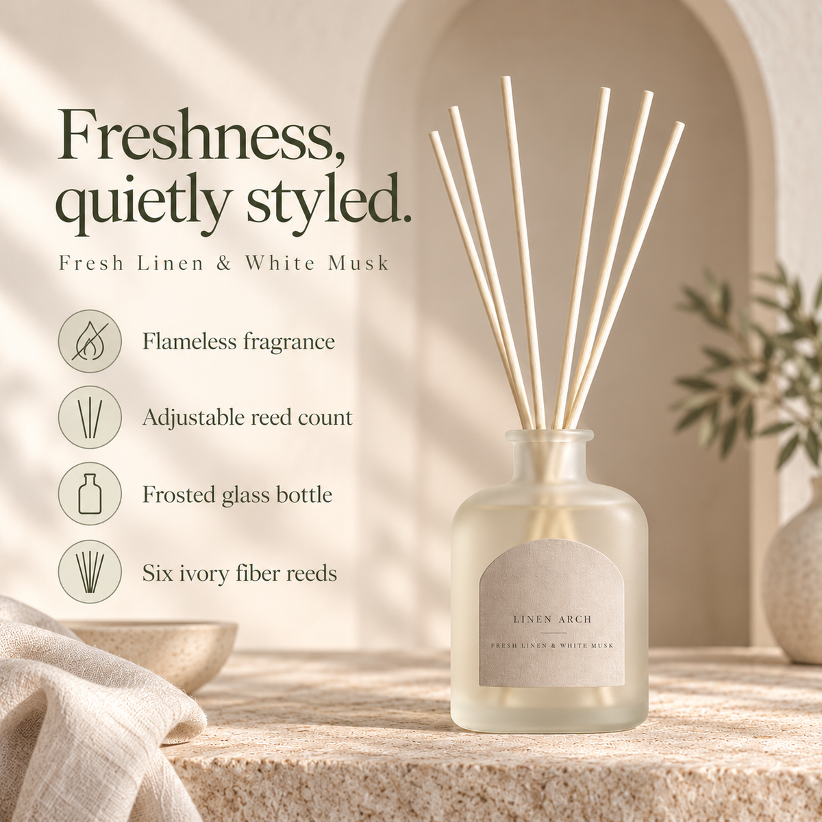 suwanong™ Linen Arch Fresh Linen & White Musk Reed Diffuser Set, Frosted Glass Home Fragrance with 6 Reeds, 3.38 fl oz