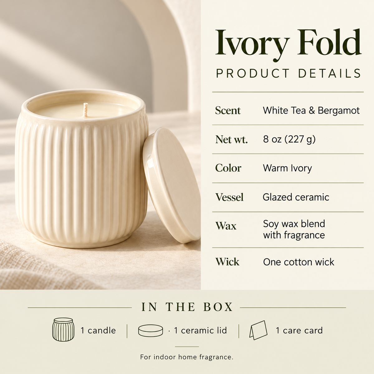 suwanong™ Ivory Fold White Tea & Bergamot Scented Candle, Soy Wax Blend, Ribbed Ceramic Jar with Lid, 8 oz