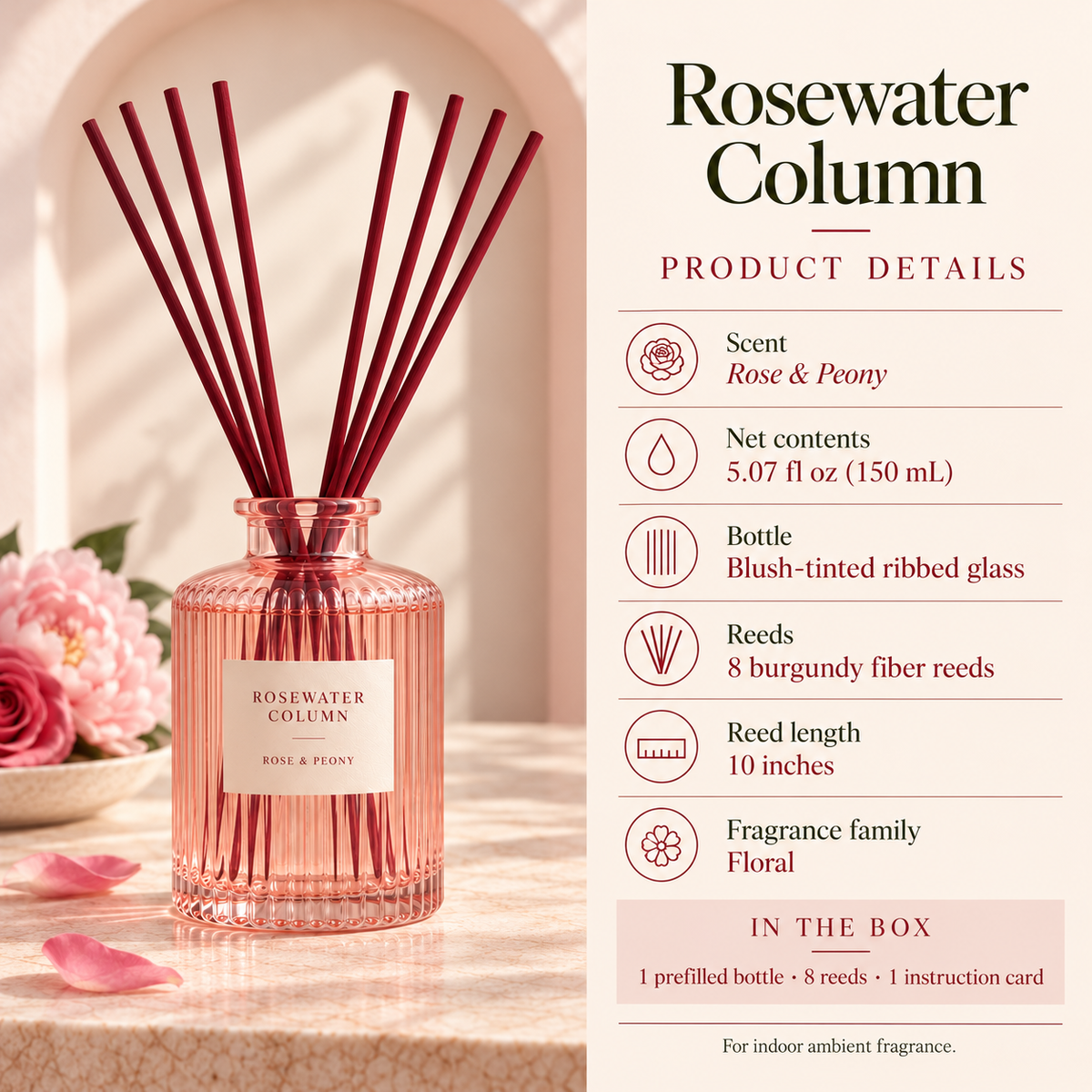 suwanong™ Rosewater Column Rose & Peony Reed Diffuser Set, Blush Ribbed Glass Bottle with 8 Reeds, 5.07 fl oz