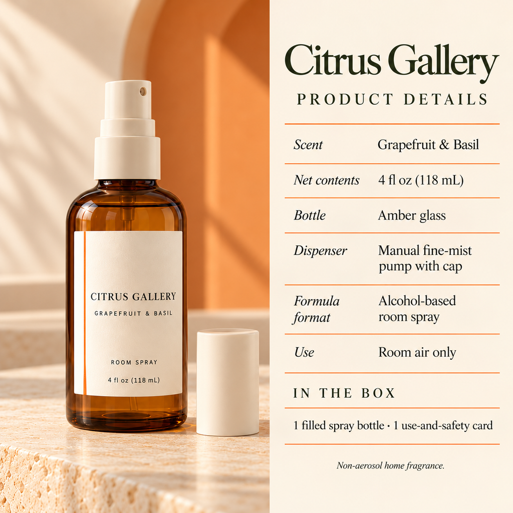 suwanong™ Citrus Gallery Grapefruit & Basil Room Spray, Non-Aerosol Home Fragrance Mist, Amber Glass Bottle, 4 fl oz