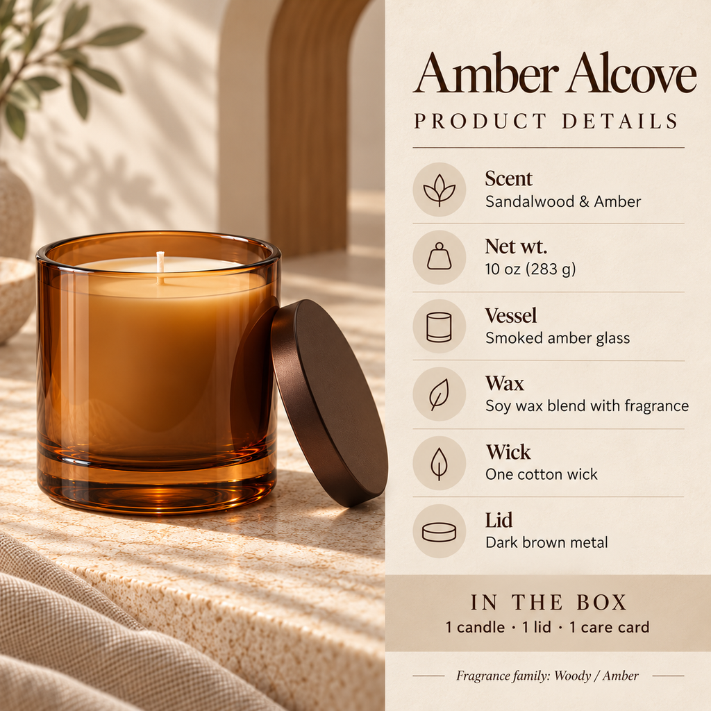 suwanong™ Amber Alcove Sandalwood & Amber Scented Candle, Soy Wax Blend, Smoked Amber Glass Jar with Lid, 10 oz