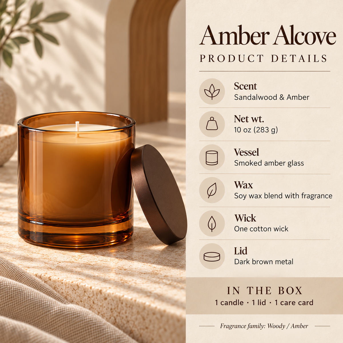suwanong™ Amber Alcove Sandalwood & Amber Scented Candle, Soy Wax Blend, Smoked Amber Glass Jar with Lid, 10 oz