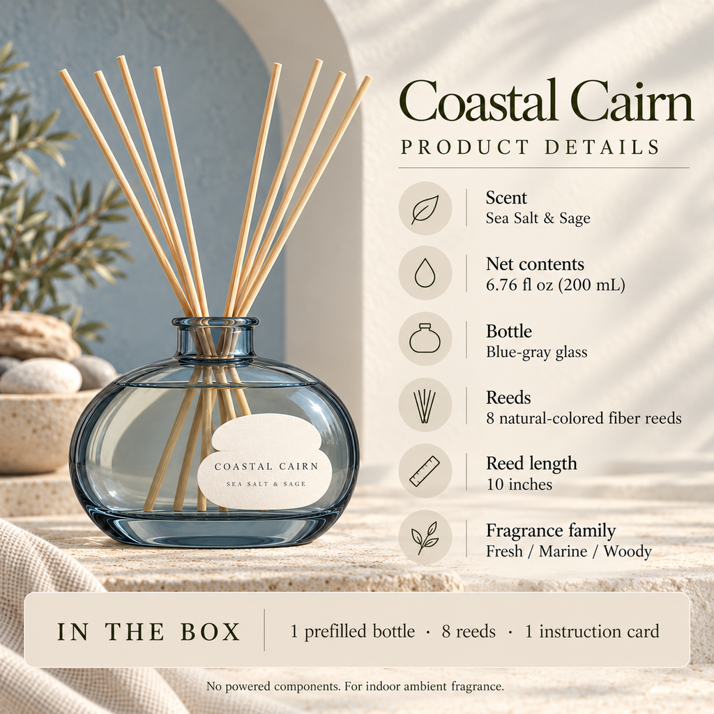 suwanong™ Coastal Cairn Sea Salt & Sage Reed Diffuser Set, Blue-Gray Glass Home Fragrance with 8 Reeds, 6.76 fl oz
