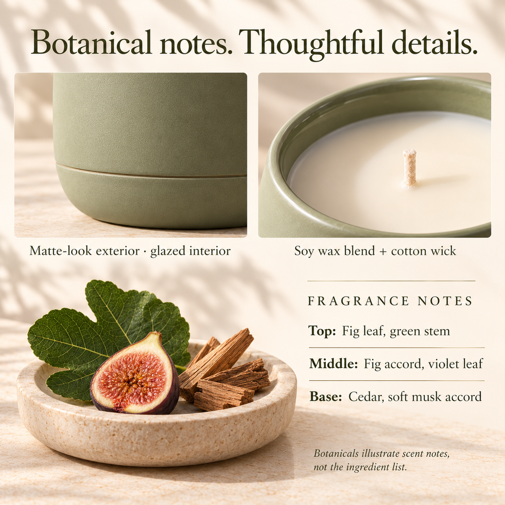 suwanong™ Sage Terrace Fig Leaf & Cedar Scented Candle, Soy Wax Blend, Matte Sage Ceramic Jar, 8 oz