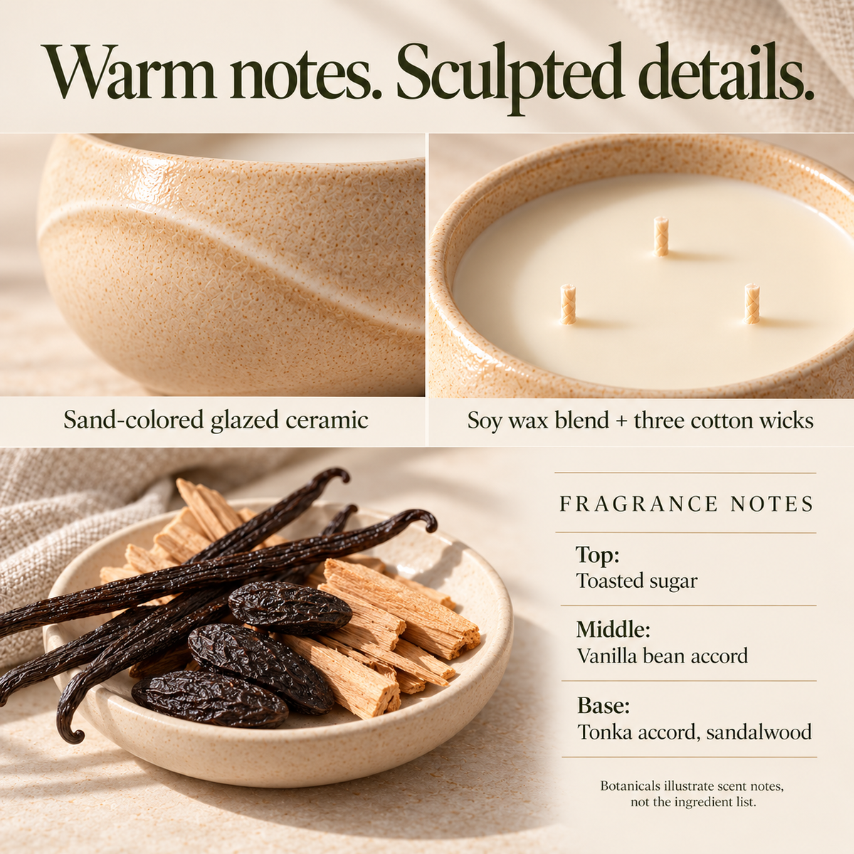 suwanong™ Dune Halo Vanilla Bean & Tonka Scented Candle, Three-Wick Soy Wax Blend, Sand Ceramic Bowl, 14 oz
