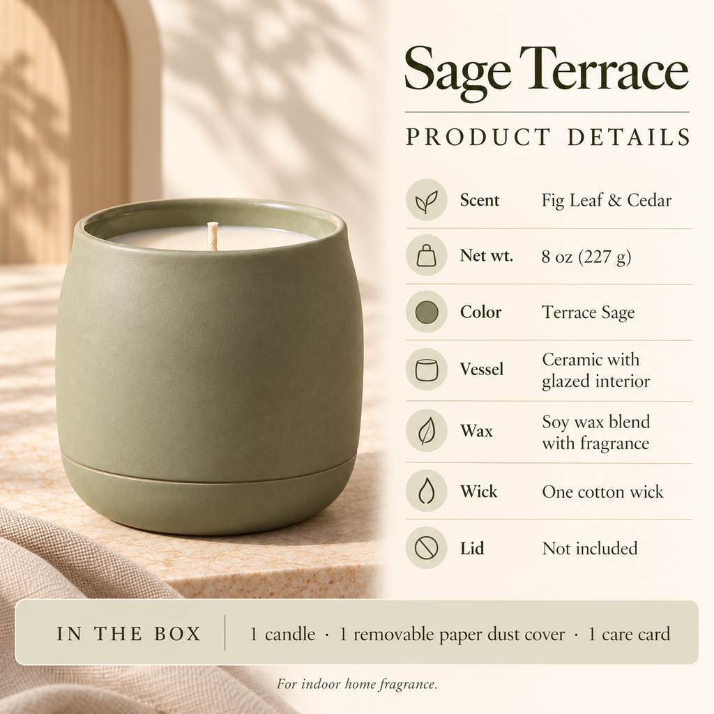 suwanong™ Sage Terrace Fig Leaf & Cedar Scented Candle, Soy Wax Blend, Matte Sage Ceramic Jar, 8 oz