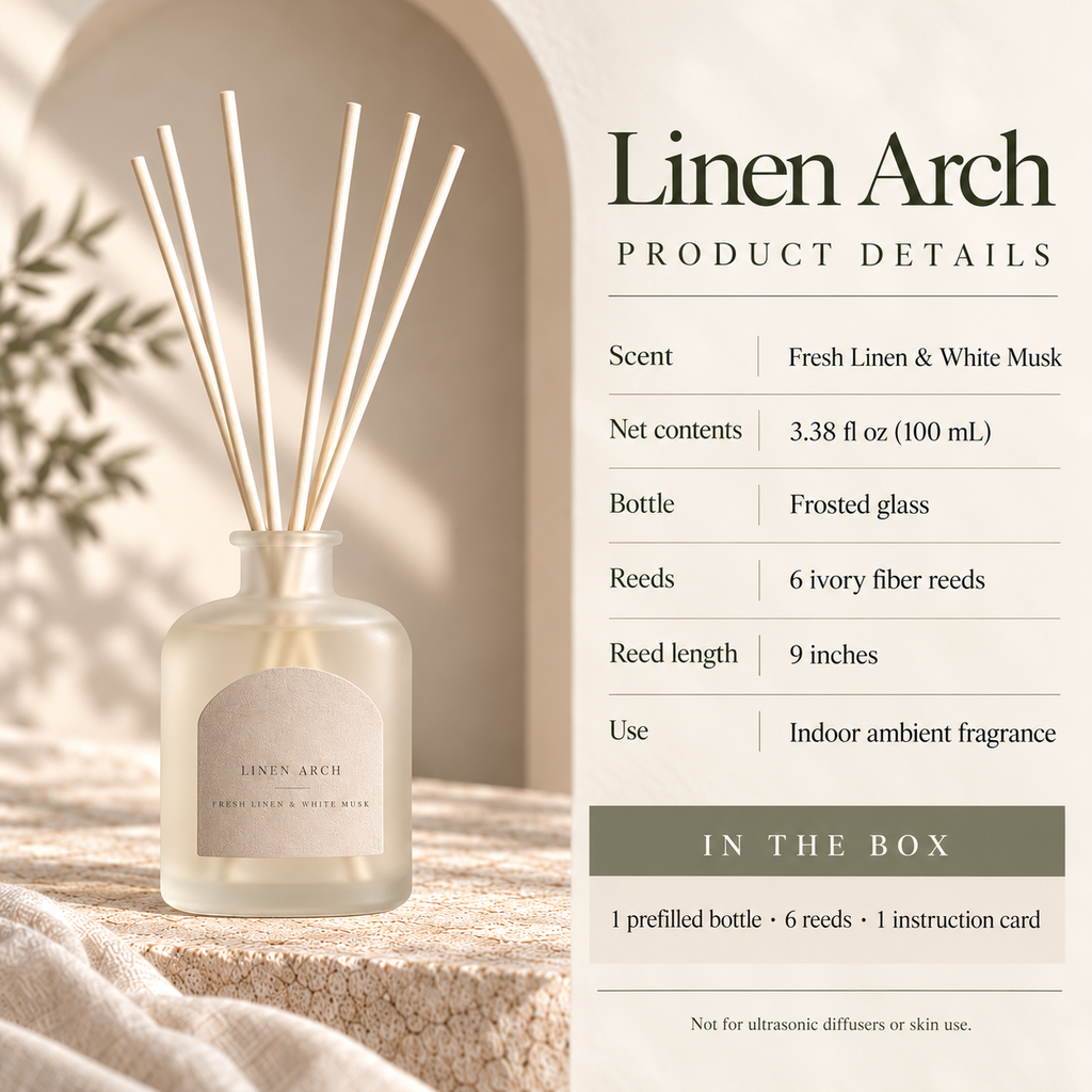 suwanong™ Linen Arch Fresh Linen & White Musk Reed Diffuser Set, Frosted Glass Home Fragrance with 6 Reeds, 3.38 fl oz