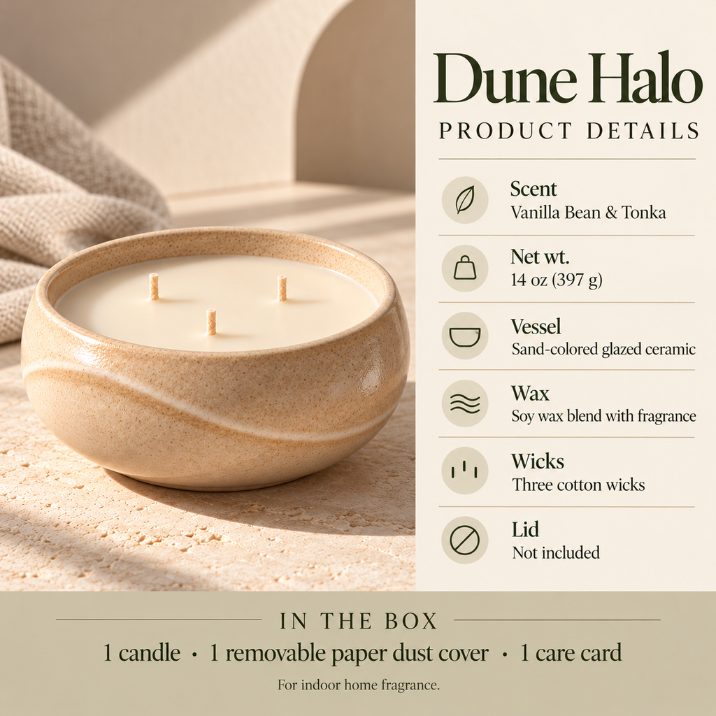 suwanong™ Dune Halo Vanilla Bean & Tonka Scented Candle, Three-Wick Soy Wax Blend, Sand Ceramic Bowl, 14 oz