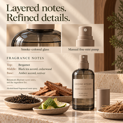 suwanong™ Cedar Study Cedarwood & Black Tea Room Spray, Non-Aerosol Home Fragrance Mist, Smoke Glass Bottle, 4 fl oz