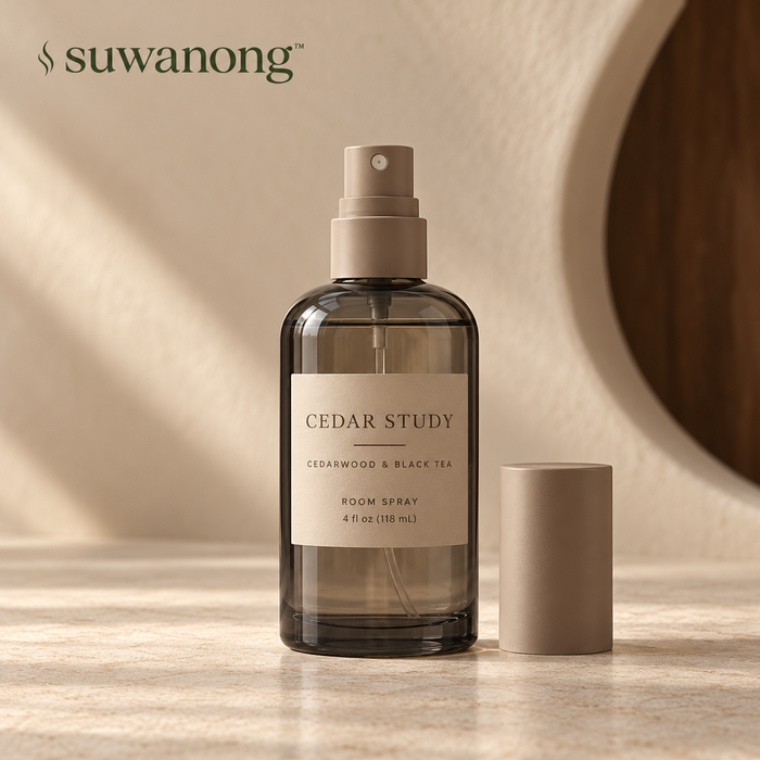 suwanong™ Cedar Study Cedarwood & Black Tea Room Spray, Non-Aerosol Home Fragrance Mist, Smoke Glass Bottle, 4 fl oz